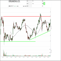 Drugmaker Organon (OGN) which was spun out of Merck last year, has ben trending upward within the SIA S&P 500 Index Report since January. After six months of trending sideways between $28.00 and $38.00, Organon (OGN) has been under accumulation since December, with a series of higher lows building a bullish Ascending Triangle base. Since establishing support at a higher low near $31.50 earlier this month, Organon has been in on an upswing, clearing $36.00 yesterday.