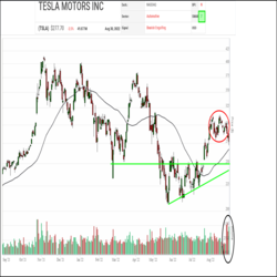 Since dropping out of the green zone of the SIA S&P 100 Index Report back in January, Tesla Motors (TSLA) has twice attempted to return but failed at the boundary between the green zone and the Yellow Neutral Zone. The last relative strength rally attempt failed earlier this month and since then, TSLA has been weakening in the rankings. Yesterday it fell 3 positions to 33rd place.