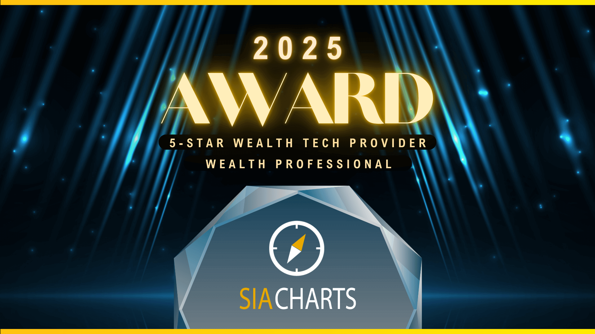 Award banner for SIACharts, winner of the 2025 5-Star Wealth Tech Provider award by Wealth Professional. Image features a glowing stage, spotlight beams, and crystal award with SIACharts logo.